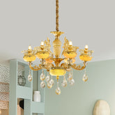 Lámpara de araña tradicional de 6 luces con pantalla de mármol y cortina de cristal para el techo del comedor